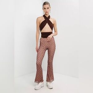 3/$30!! Peppermayo Women’s Pull On Night Fever Flare Mesh Checkered Pants Size 8